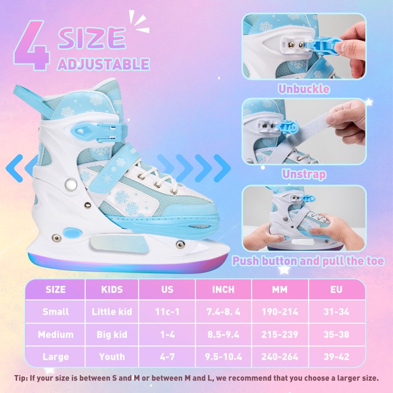 Kids Adjustable Ice Skates for Beginners with Laser Stainless Steel Blade, Festive Colors