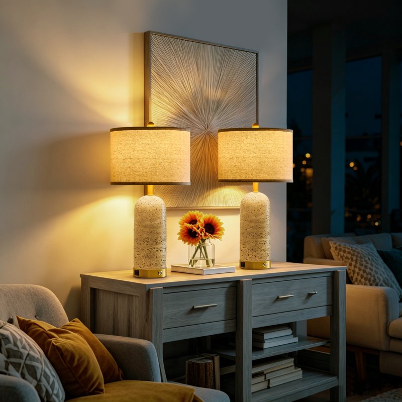 Modern Resin Table Lamps Set of 2 with USB Charging Ports & Touch Dimming