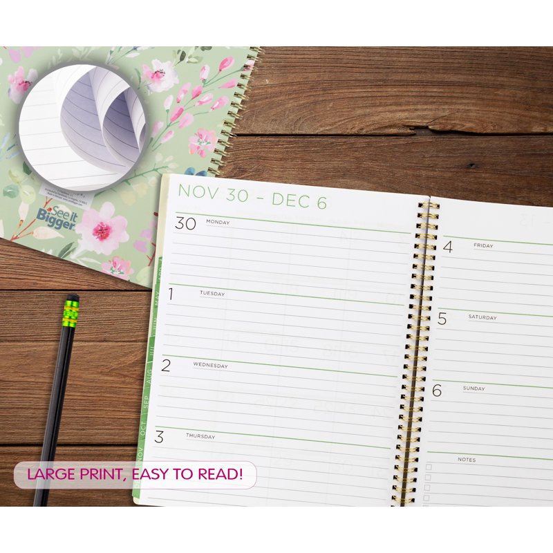 Large Floral Monthly Weekly Planner 15-Month Dated 9x11 Green Cover