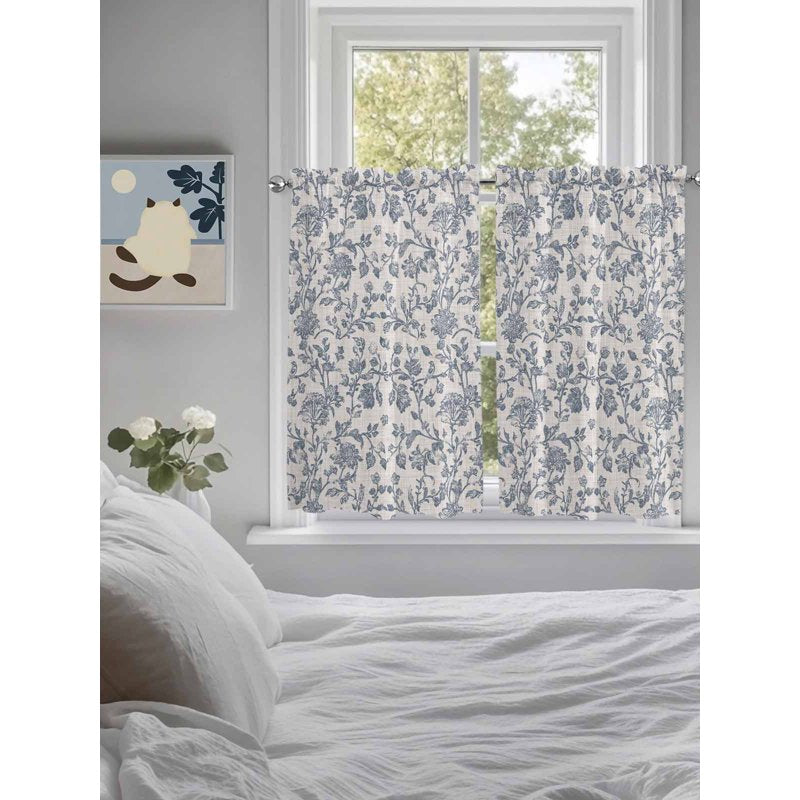 Farmhouse Blue Floral Tier Curtains - Window Half Privacy Drapes, 42x45 Inches, 2 Panels
