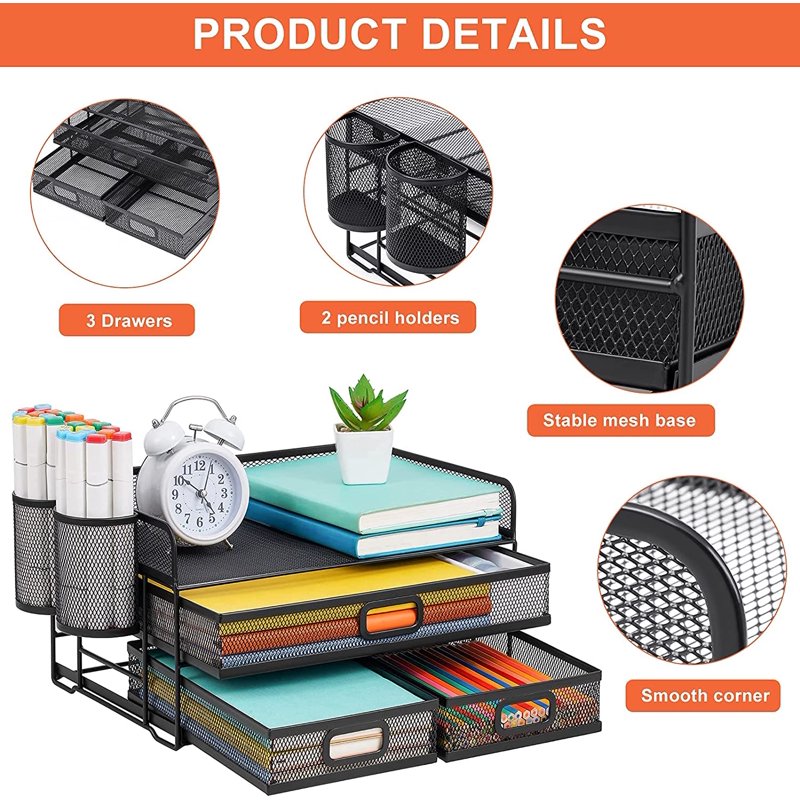 3-Tier Mesh Desk Organizer with Drawer for Office Supplies and Paperwork