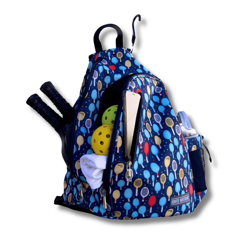 Ignite Motions Pickleball Sling Bag for Women & Men - Crossbody Backpack with Fence Hook, 4-Paddle Capacity, Water Bottle Holder (Variation: Paddles)
