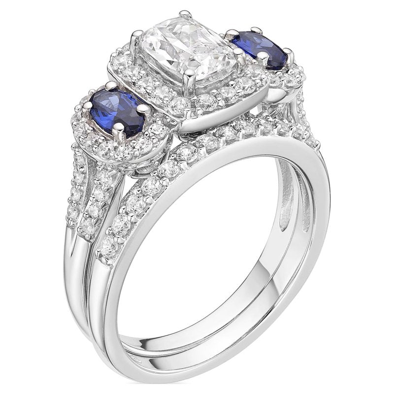 Sterling Silver Bridal Ring Set with Simulated White Diamonds & Sapphire – Engagement & Wedding Band