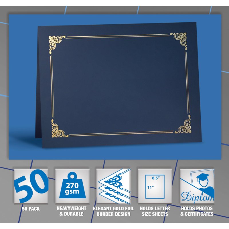 50 Pack Certificate Holders with Gold Foil Border for Letter Size Documents
