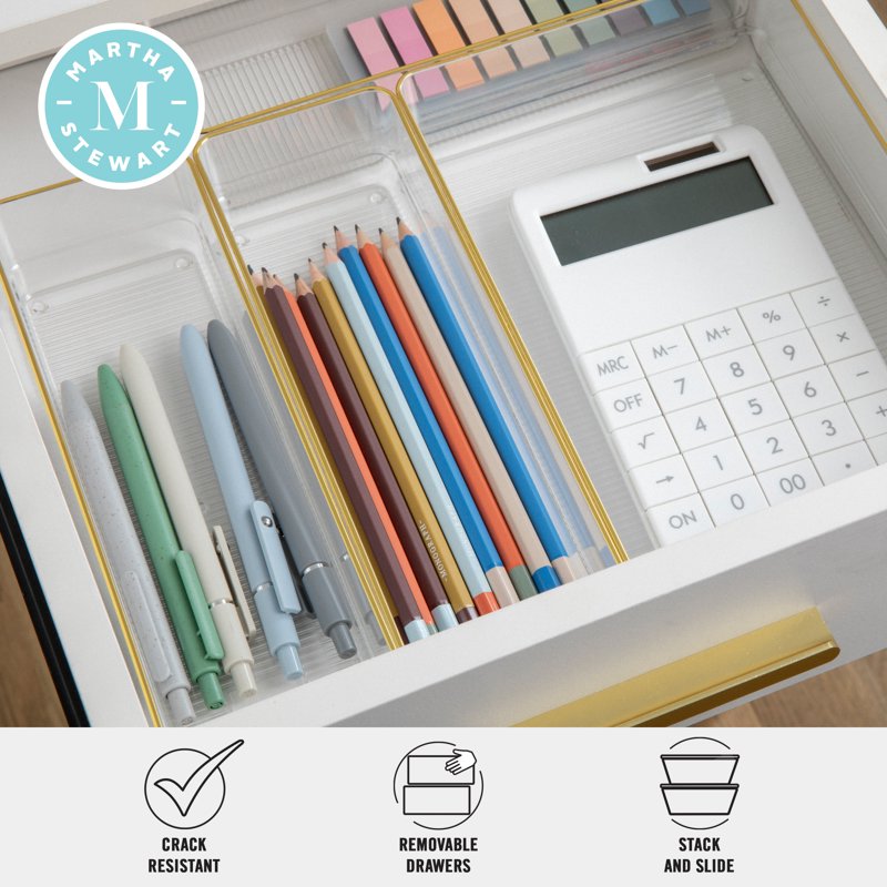 Stackable Drawer Organizers Set of 5 with Gold Trim - Clear Plastic, Various Sizes