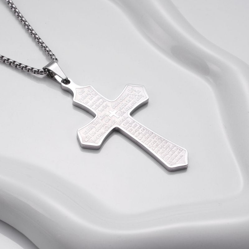 Men's Stainless Steel Religious Cross Necklace with Lord's Prayer Engraving