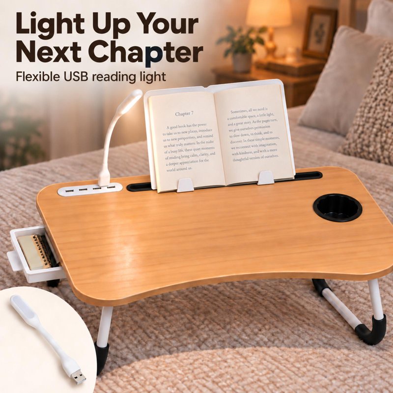 PHANCIR Upgraded Folding Lap Desk with USB Fan & LED Reading Light, 23.6in Walnut
