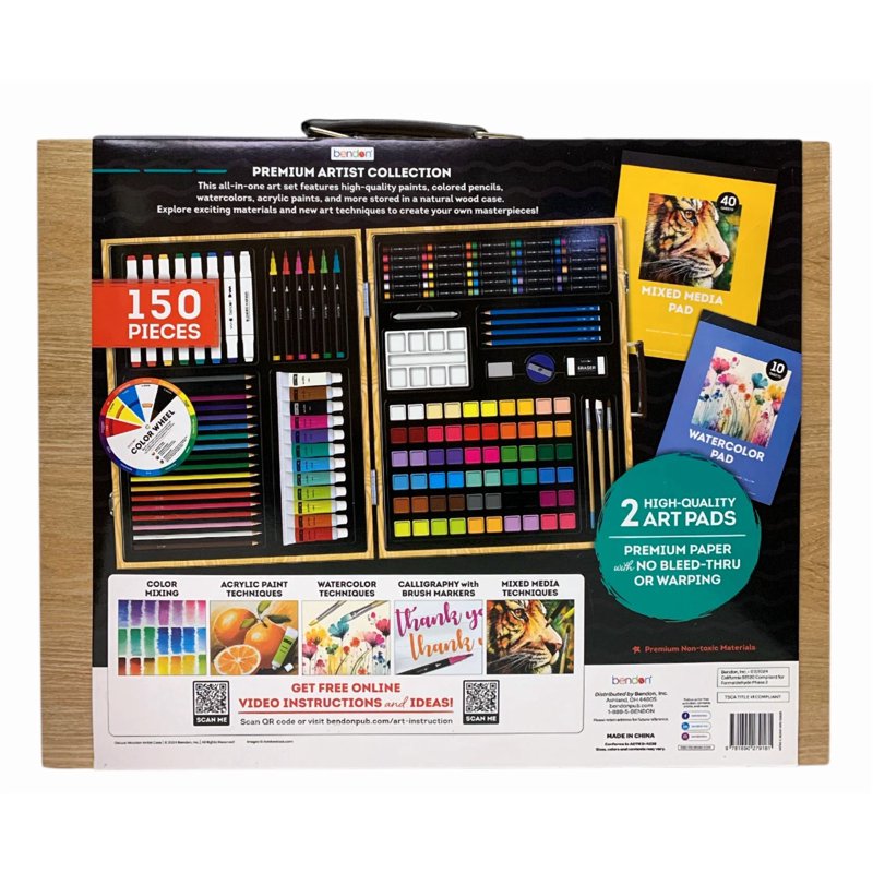 Art Supply Organizer Case with 150 Pieces - Wooden Storage & Carrying Box