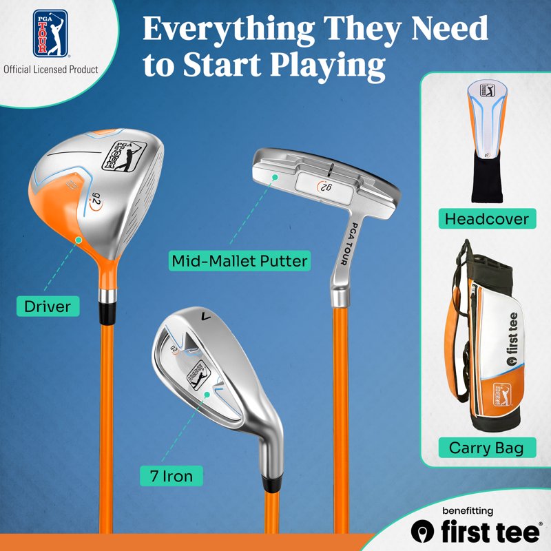 PGA TOUR x First Tee Junior Golf Club Set - Right Handed, 5-Piece with Carry Bag, Height 3'6"–4'1", Orange