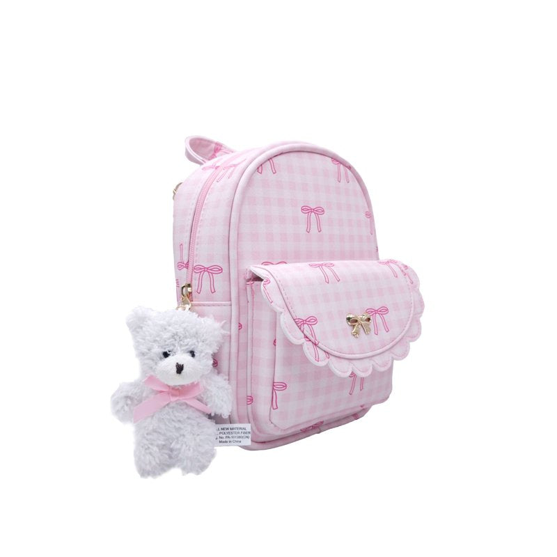 Girls Mini Backpack with Keychain - Pink Gingham and Bows, Adjustable Straps