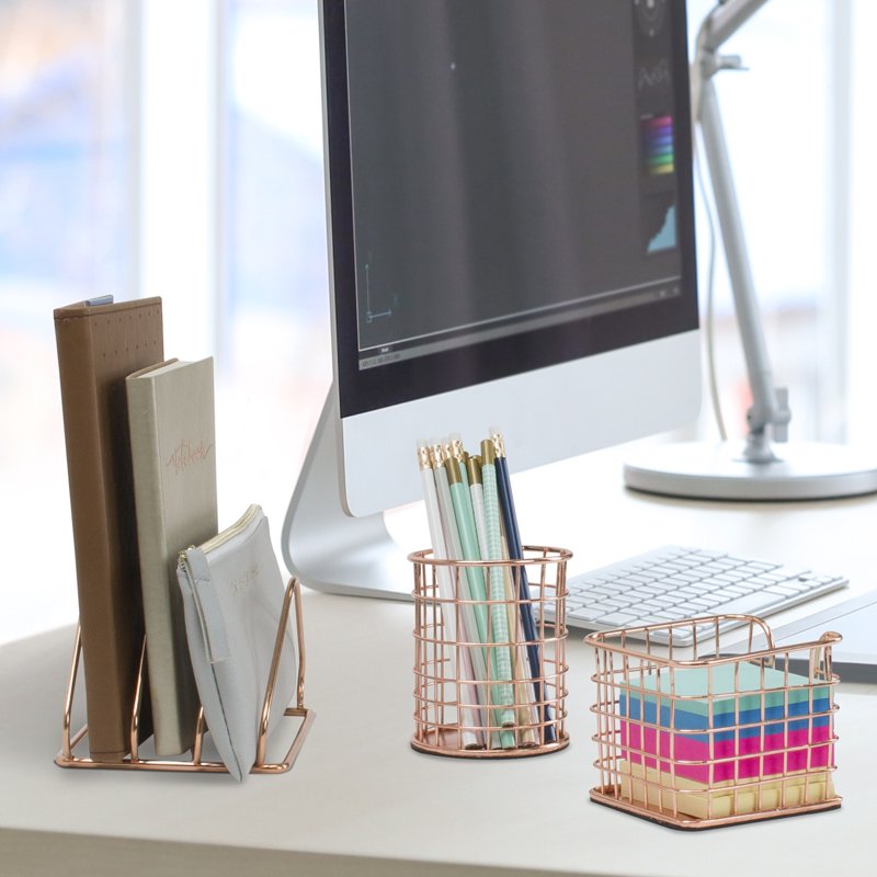 Wire Desk Organizer Set with Copper Finish - 5-Piece Office Storage