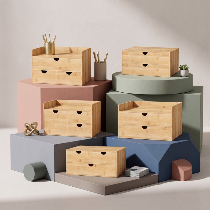 Bamboo Desk Organizer with 3 or 2 Drawers for Office Supplies & Makeup Accessories