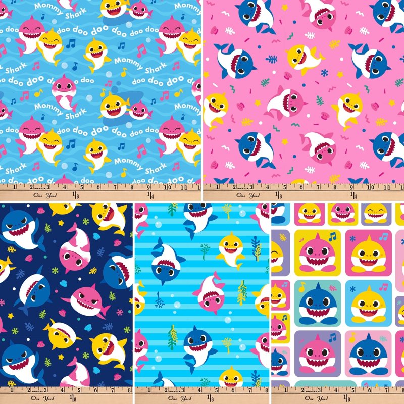 Baby Shark Cotton Fabric Bundle - 18x21 Inches, Multi-Color, 5 Pieces for Quilting & Crafts