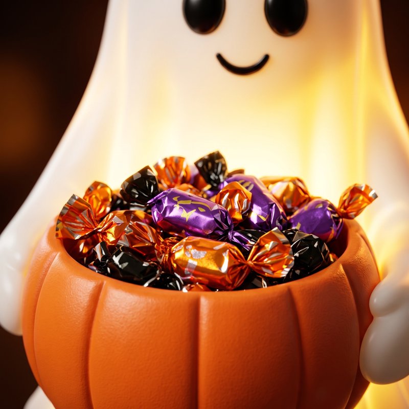Lighted Halloween Ghost Candy Bowl with LED Illumination and Pumpkin Bucket - Outdoor Indoor Decor