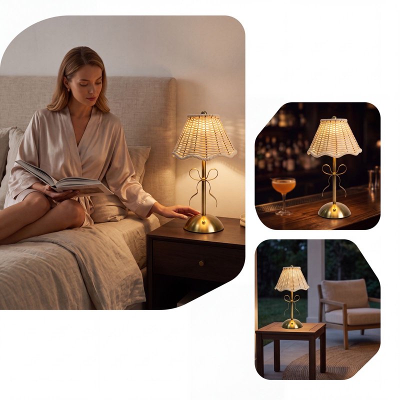 Cordless Rattan LED Table Lamp with Touch Dimming & USB Rechargeable Nightstand Light for Bedroom & Living Room