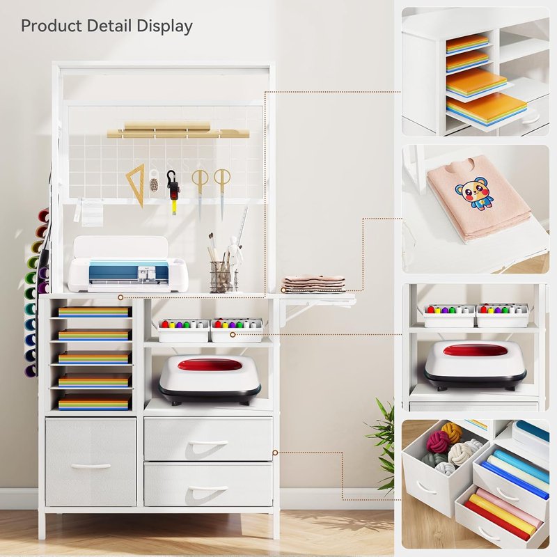 L-Shaped Craft Storage Cabinet with Fold-Out Workbench & Vinyl Holders