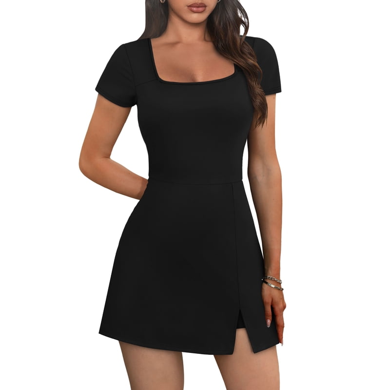 Women's Athletic Tennis Dress with Built-in Shorts & Pockets - Square Neck Short Sleeve Activewear