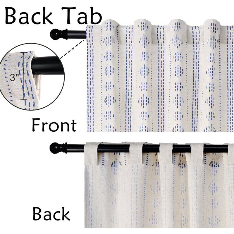 Boho Linen Window Curtains Set - Light Filtering Blue Geometric Stripes, 52x84 Inches, 2 Panels