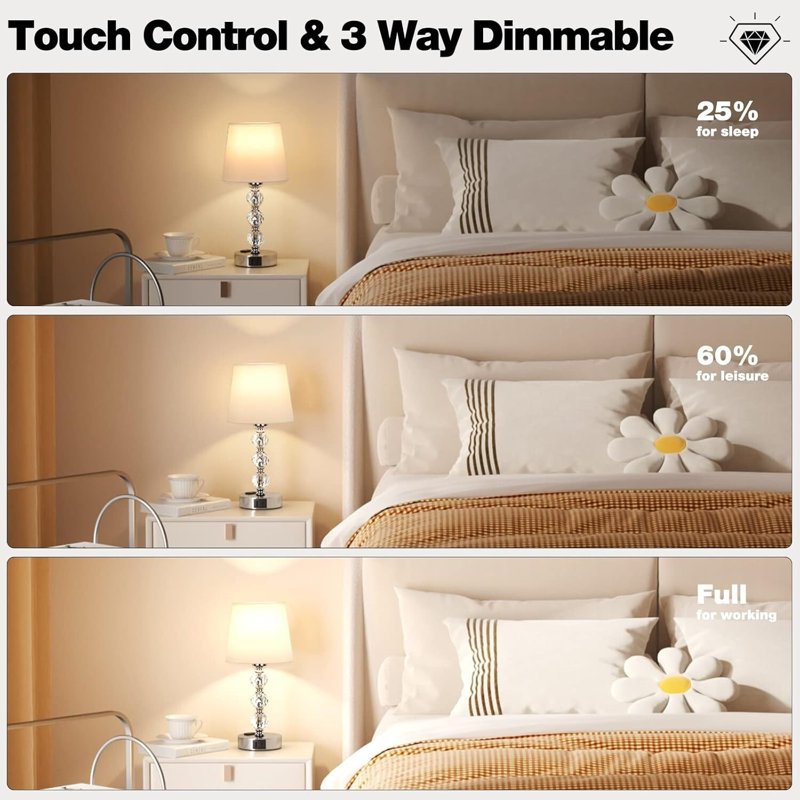 Set of 2 Touch Control Bedside Lamps with USB Charging Ports - Modern Crystal Design