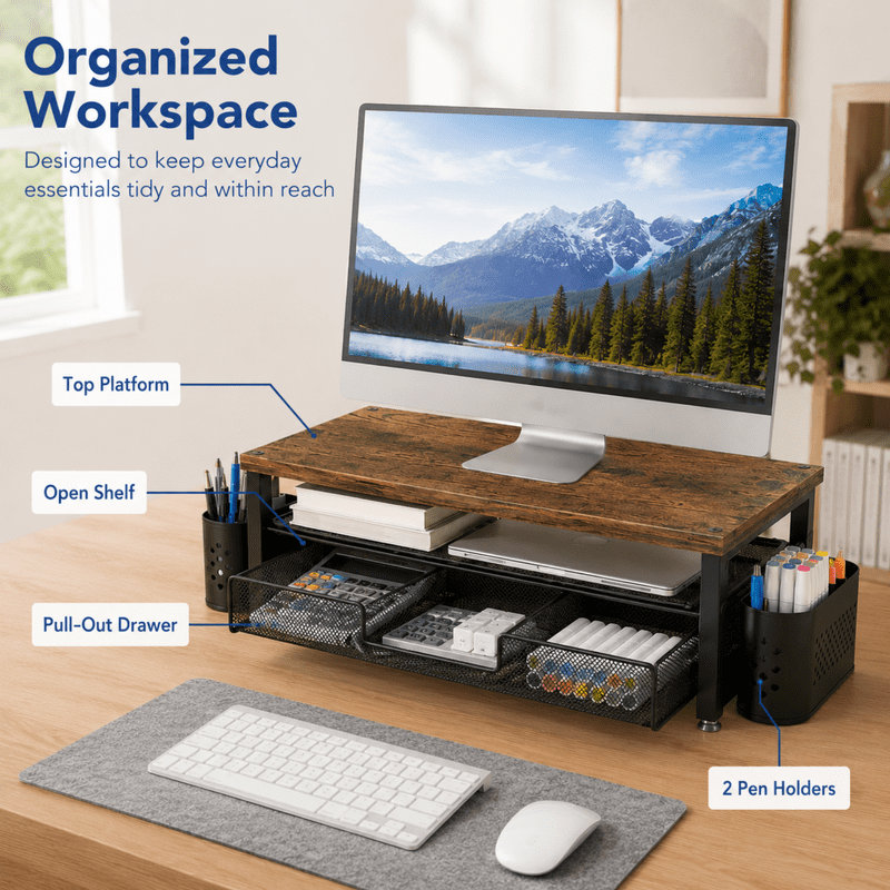 Mehoom 3-Tier Monitor Stand Riser with Drawer, Brown, Desk Organizer for Office & Dorm