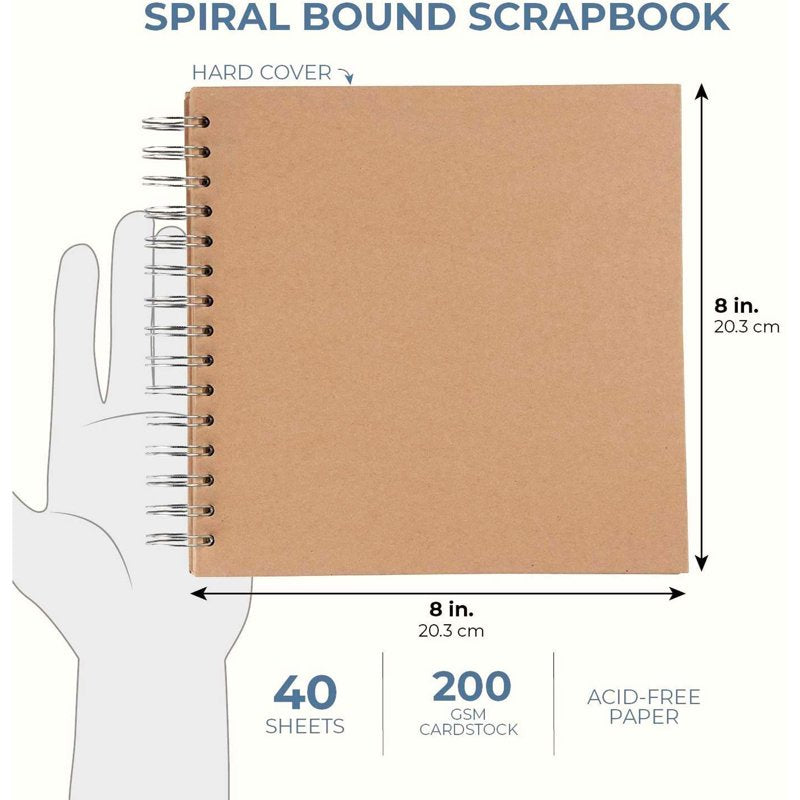 8x8 Inch Hardcover Scrapbook Album with Spiral Binding - Acid-Free Pages for Photos & Journals