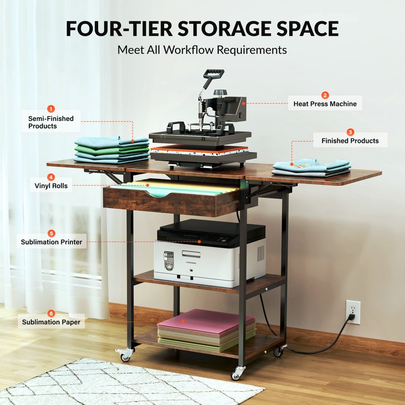Foldable Heat Press Machine Stand with Charging Station and 3-Tier Storage