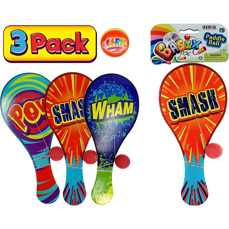 JA-RU 3 Pack Wooden Paddle Ball Set - Indoor & Outdoor Fun (Multicolor)