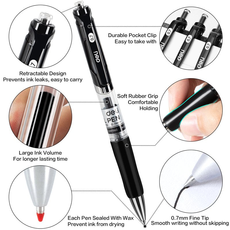 Deli Gel Pens 36 Pack, Black Ink, 0.7 mm Fine Point – Fast Dry, Refillable