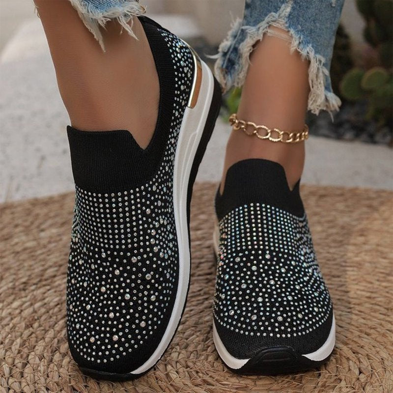 Women's Sparkly Wedge Sneakers with Rhinestone Embellishments - Casual Flats