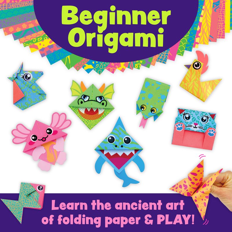 Kids Origami Craft Kit with Bright Double-Sided Paper & Stickers - Ages 7+