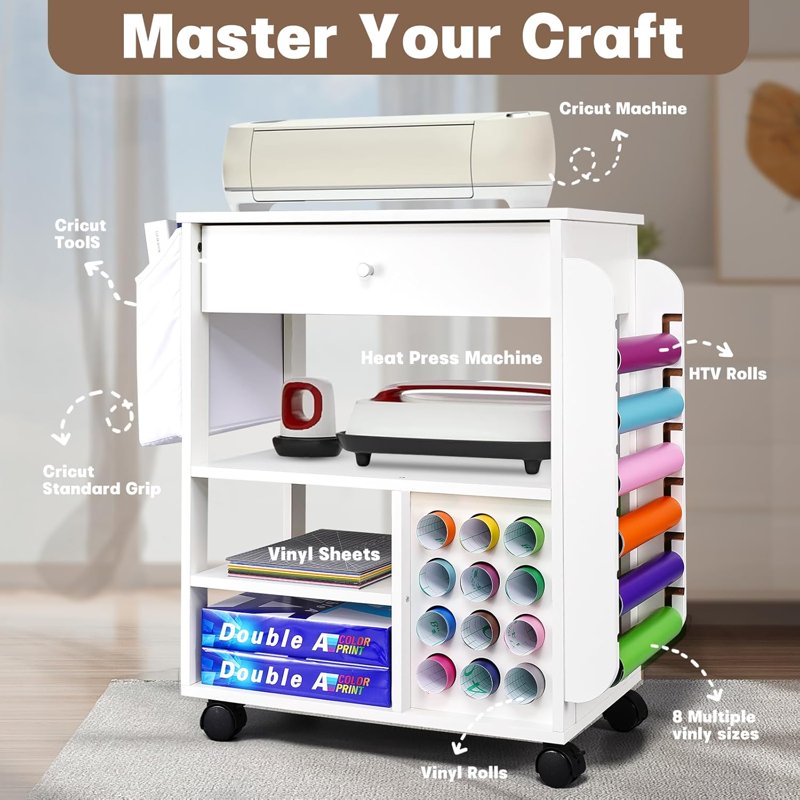 Craft Storage Rolling Cart with Vinyl Roll Holders and Drawer - Mobile Organizer for Cricut and Craft Supplies