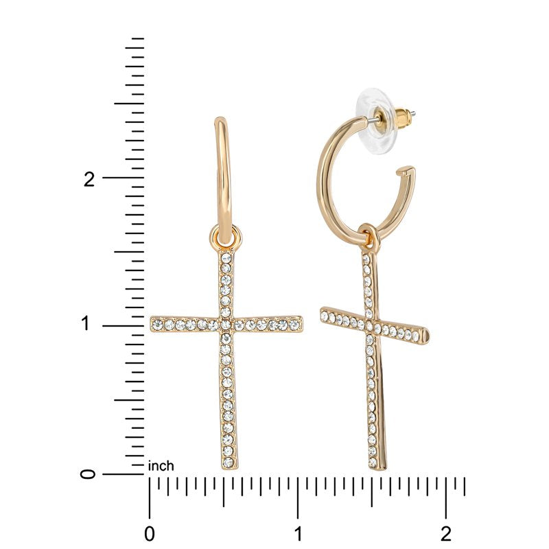 Women's Drop Hoop Earrings with Rhinestone Cross Pendant - Gold Tone