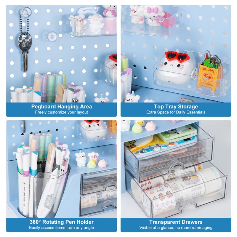 Multi-Color Desk Organizer with 2 Drawers & Pegboard for Office Home