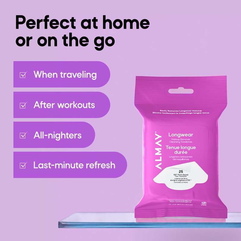 Longwear Makeup Remover Cleansing Towelettes - Hypoallergenic, Fragrance-Free, Portable Pack