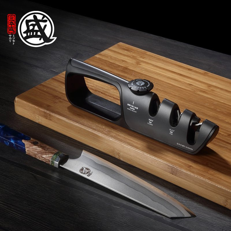 Mitsumoto Sakari Knife Sharpener with Adjustable 14°-24° Angle, 3-Slot Japanese Sharpening System - 27.2cm x 7.5cm x 5.3cm, Black