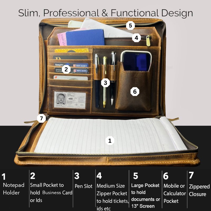 Leather Portfolio for Men and Women - Full Grain Zippered Document Organizer