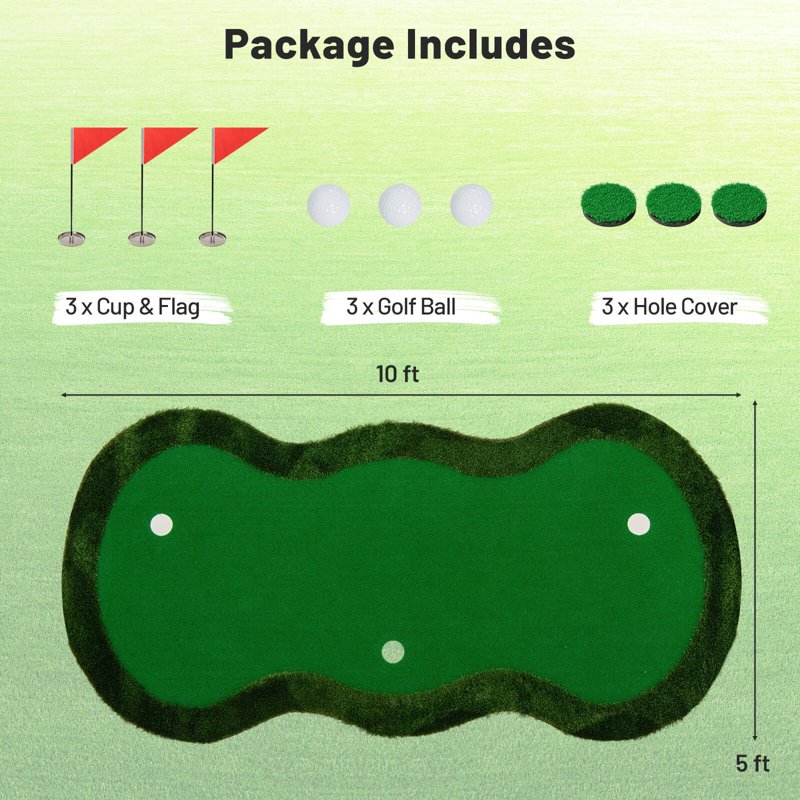 Costway 10 ft x 5 ft Golf Putting Green Mat with 3 Holes, Cups & Balls - Indoor/Outdoor Practice