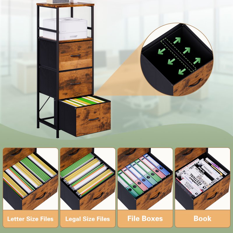Vertical File Storage Cabinet with 3 Drawers and Adjustable Shelves - Rustic Brown