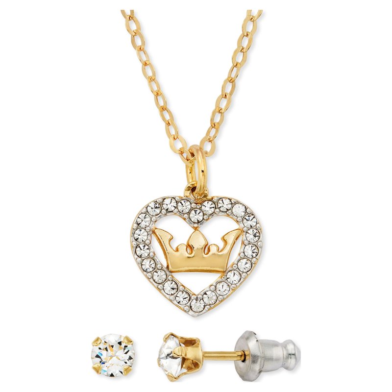 Children's Crystal Heart Necklace & Stud Earrings Set - Gold Plated Sterling Silver