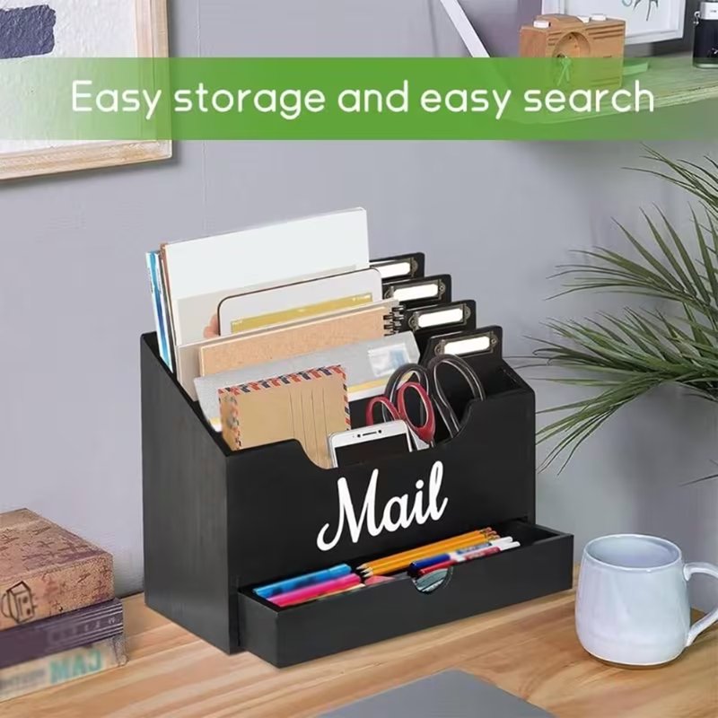 Wood Desktop Mail Organizer with 4 Compartments and Drawer - Office & Home Storage