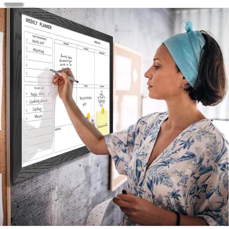 Whiteboard Weekly Calendar Dry Erase Planner Wall Mount 16x12 Black Frame