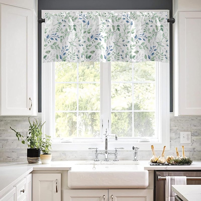 Set of 2 Valances for Windows, Botanical Green Leaves, 18x52 Inch, Adjustable Rod Pocket, Blackout Drapes for Living Room & Kitchen