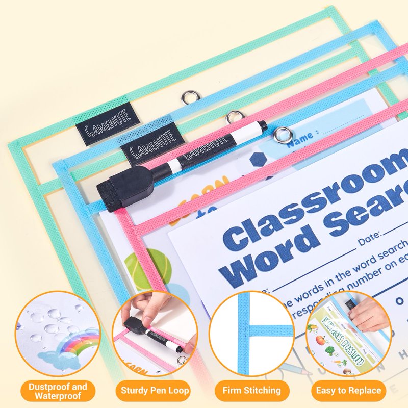 30 Pack Reusable Dry Erase Pocket Sleeves with 3 Rings - 10x14 Inch Plastic Sheet Protectors for Classroom Office and Organization