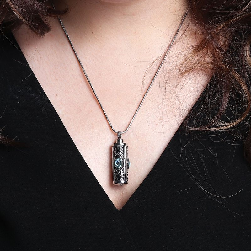 Stainless Steel Cremation Necklace with Rhinestones - Keepsake Pendant for Ashes, Purple & Blue Variants