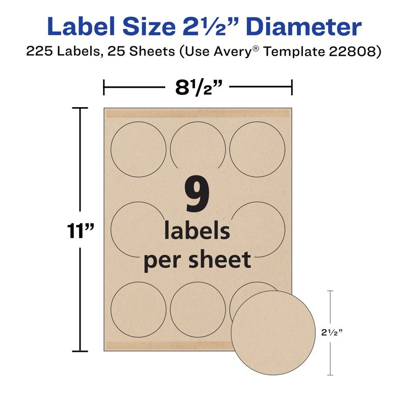 Kraft Brown Round Labels - 2.5 Inch Diameter, 225 Count, Recyclable Permanent Adhesive