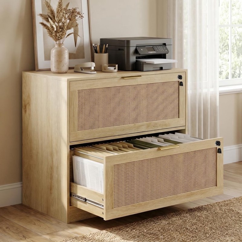 2-Drawer Locking File Cabinet with Rattan Front - Office Storage & Printer Stand