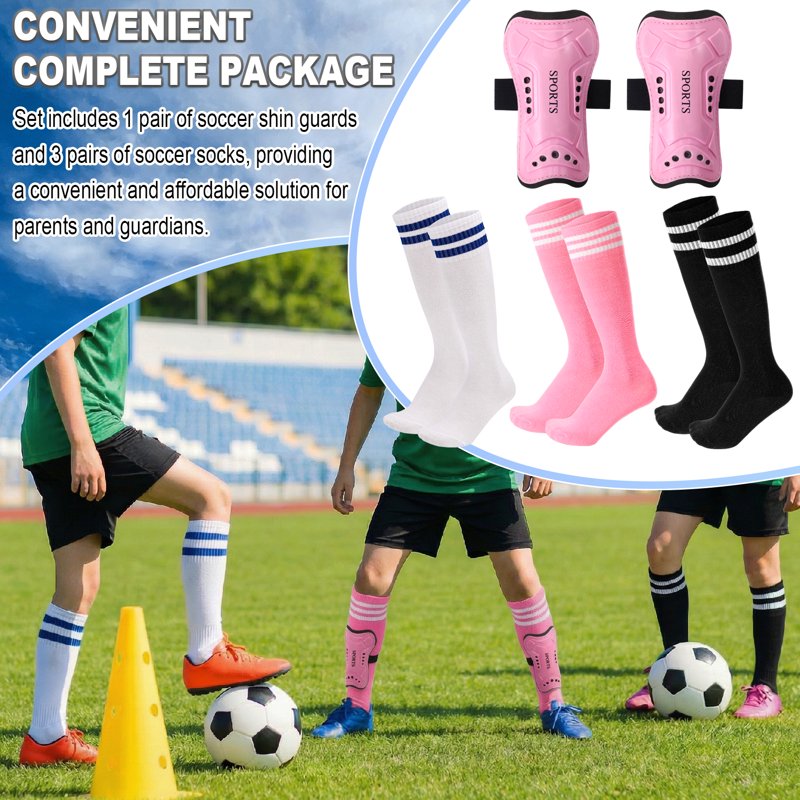 Kids Soccer Shin Guards Set with 3 Socks - Adjustable Lightweight Protective Gear (Black, White, Pink) - Ages 6-14