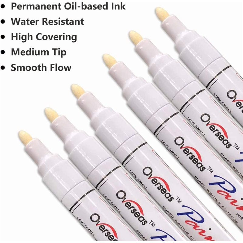 White Paint Markers Pens - Permanent Oil-Based, Medium Tip, Waterproof for Crafts & Surfaces