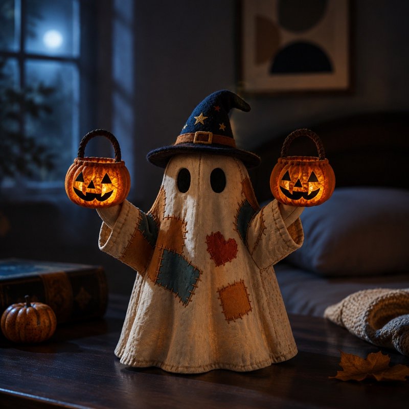 L-Shaped Halloween Patchwork Ghost Light Up Figurine with Pumpkin - Resin Table Lamp