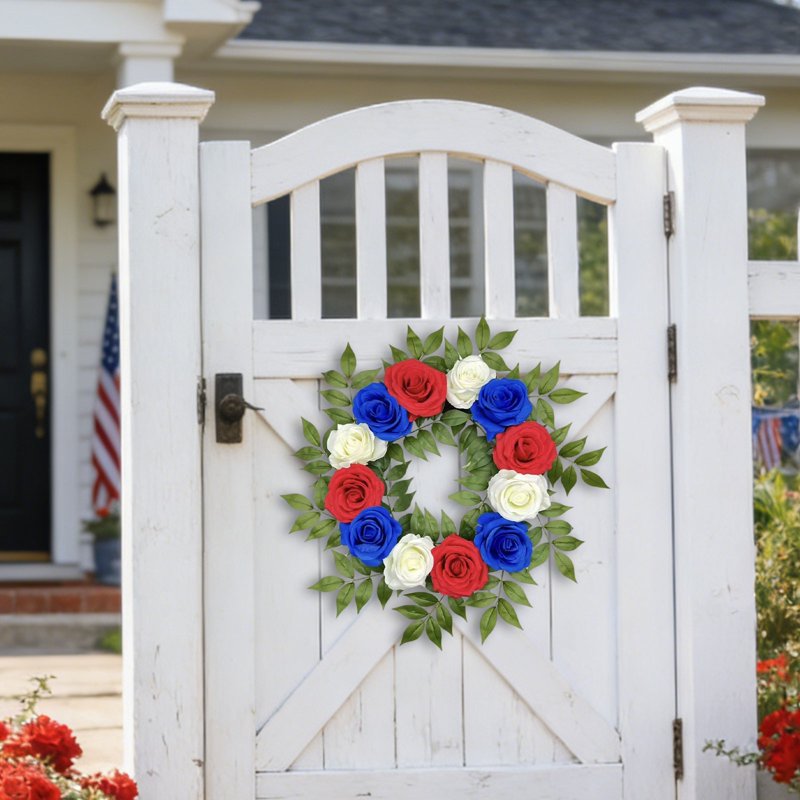 Patriotic Artificial Rose Wreath for 4th of July and Holiday Decor - Red White Blue Floral Front Door Wreath